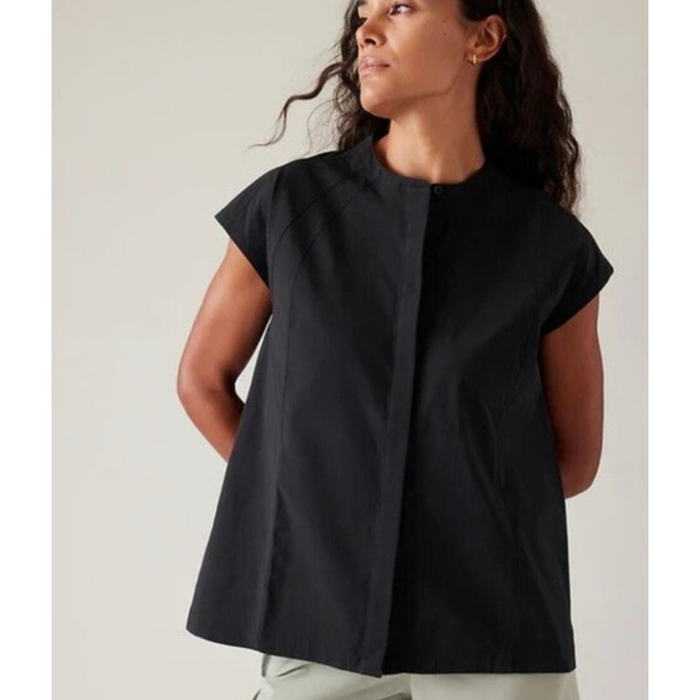 Athleta Black Cap-Sleeve Button-Front Blouse